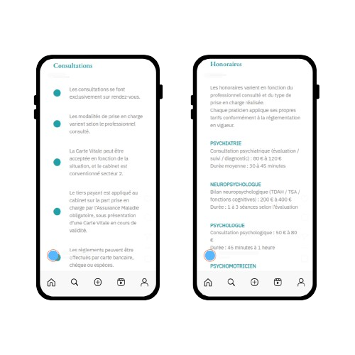 Section consultation d’un site one-page de cabinet de diagnostic TND affichée sur mobile