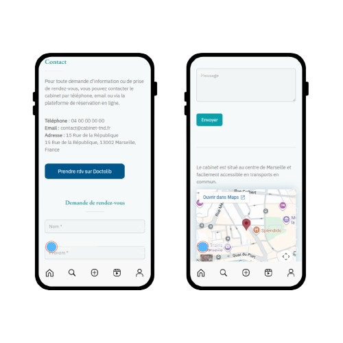 Section contact d’un site one-page de cabinet de diagnostic TND affichée sur mobile